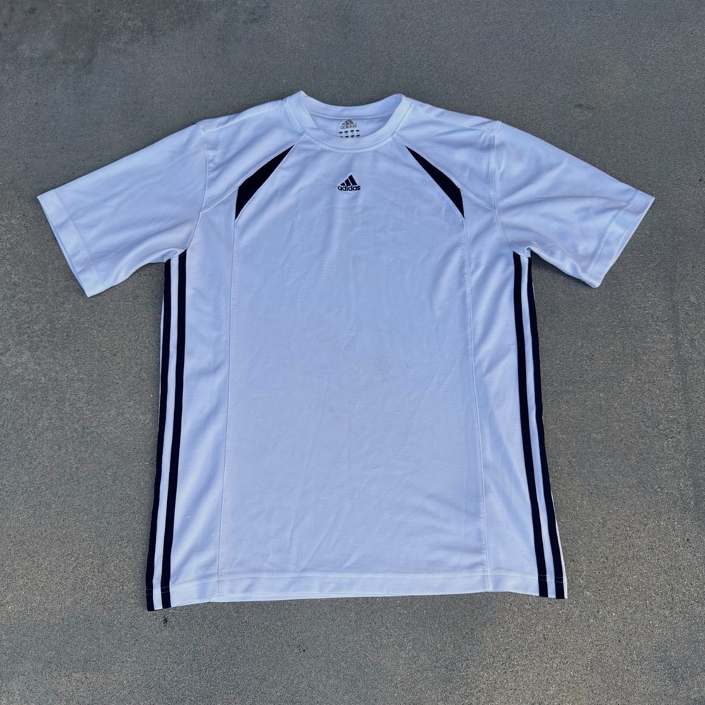 Adidas Mens White Navy Blue 3 Stripe Athletic Training T-Shirt Size Small